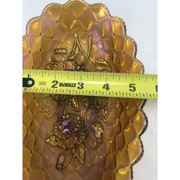 Imperial Pansy Marigold Carnival Glass Dish 8.5" Bowl Quilt Amber‎ Scallop Edge - Picture 12 of 12